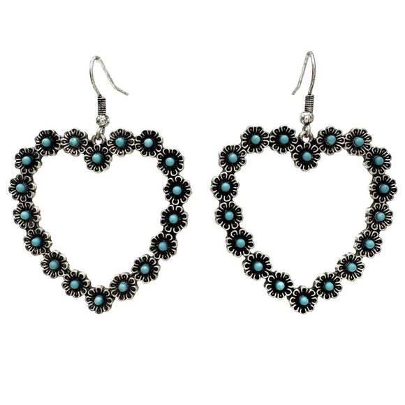 Vibrant‎ Turquoise Heart Earrings with Bohemian Floral Design - Picture 8 of 8